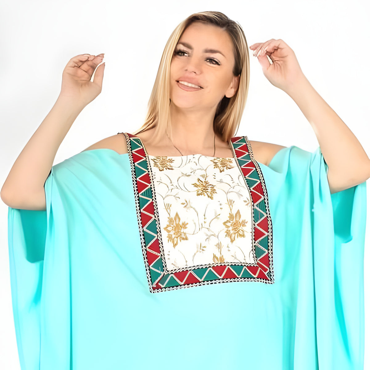 Aqua Embroidered Egyptian Cotton Caftan