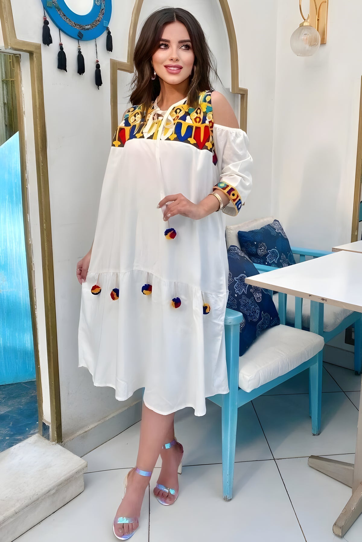 White Embroidered Cotton Caftan