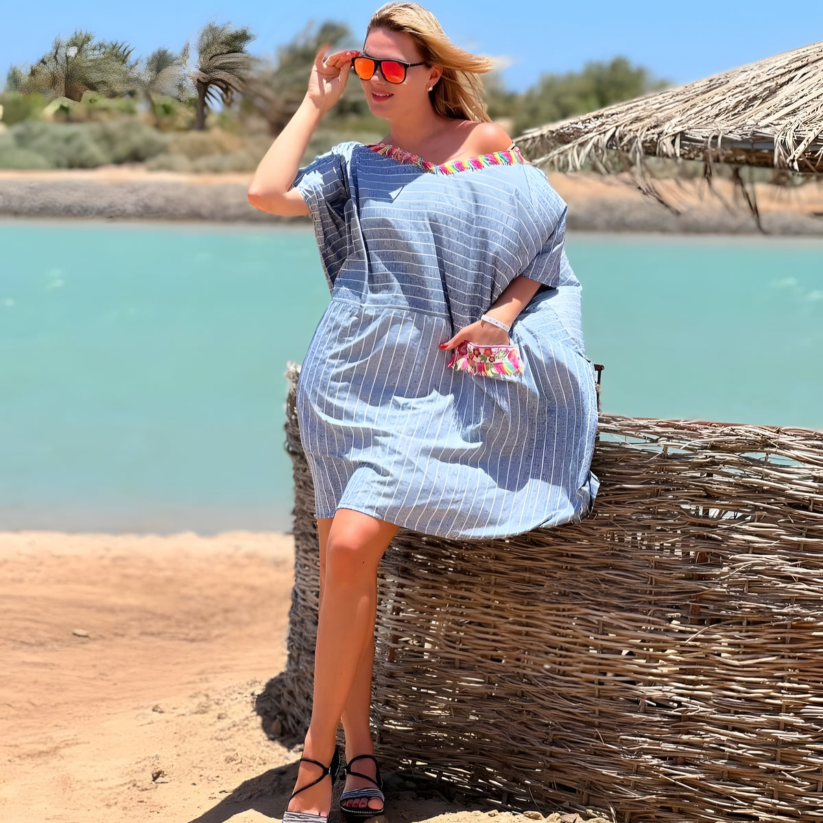 Multicolor Lotus-Embroidered Kaftan Dress, One-Size Egyptian Cotton