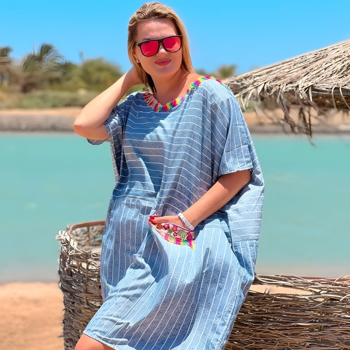 Multicolor Lotus-Embroidered Kaftan Dress, One-Size Egyptian Cotton