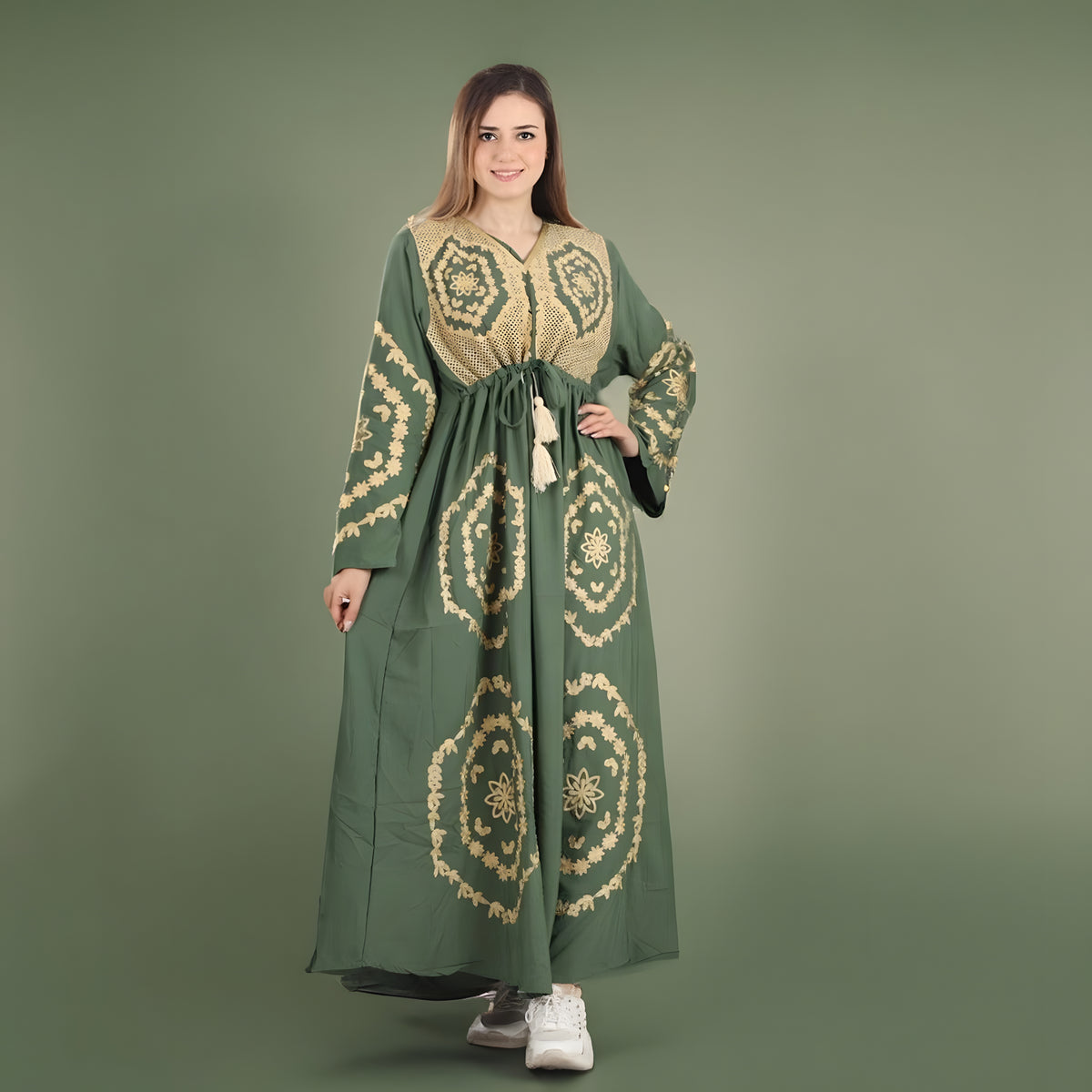 Elegant Green Long-Sleeve Embroidered Kaftan Dress, Egyptian Cotton