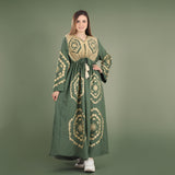 Elegant Green Long-Sleeve Embroidered Kaftan Dress, Egyptian Cotton