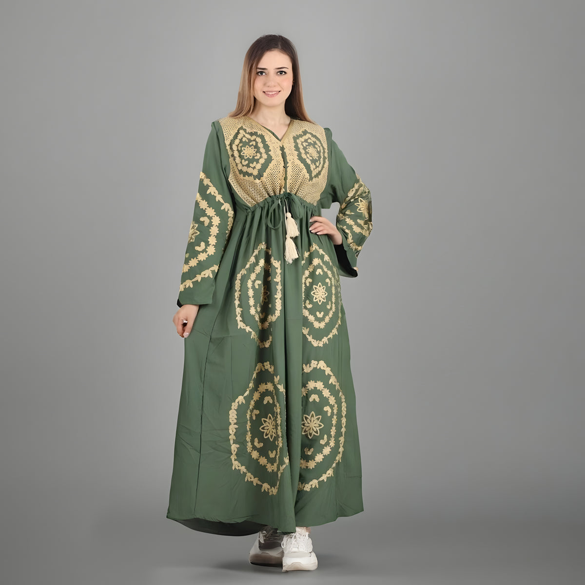 Elegant Green Long-Sleeve Embroidered Kaftan Dress, Egyptian Cotton
