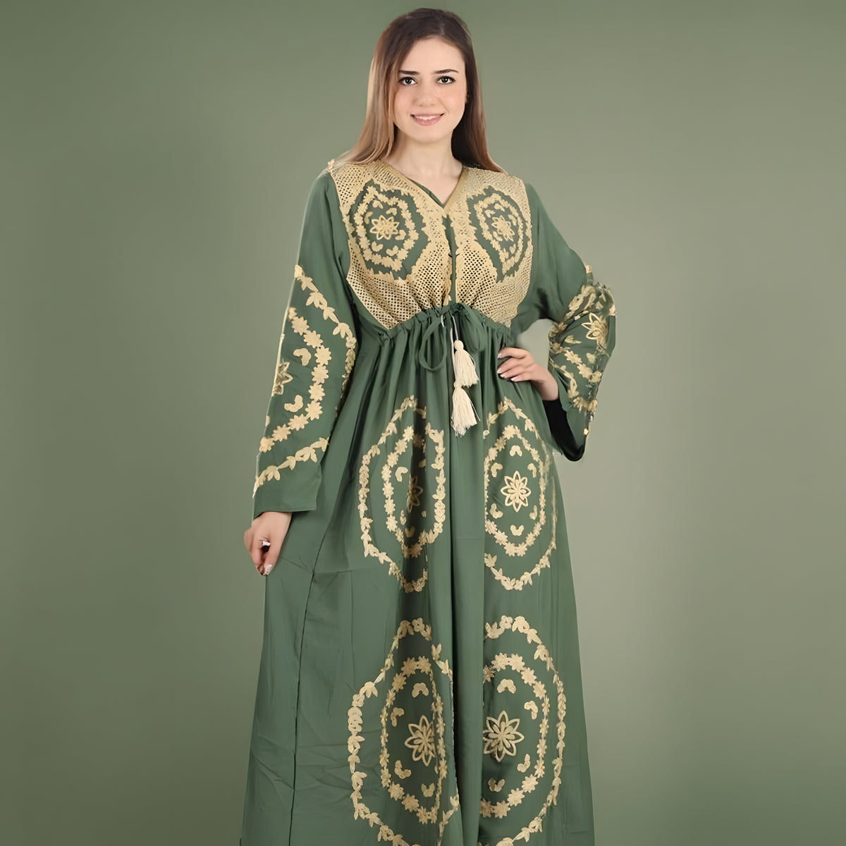 Elegant Green Long-Sleeve Embroidered Kaftan Dress, Egyptian Cotton