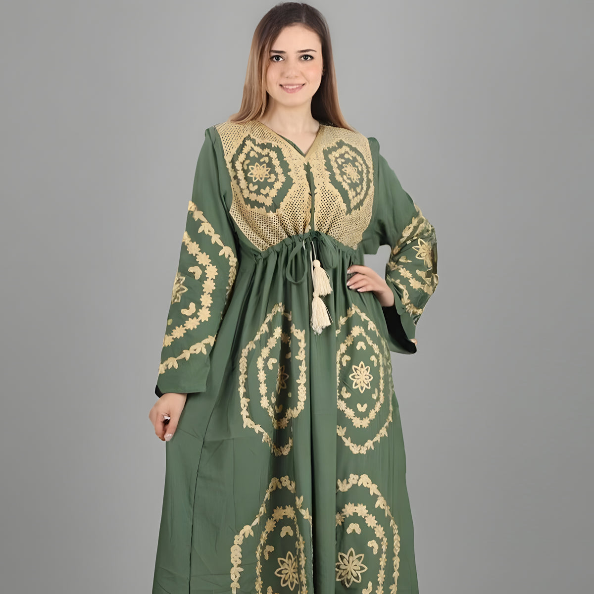 Elegant Green Long-Sleeve Embroidered Kaftan Dress, Egyptian Cotton