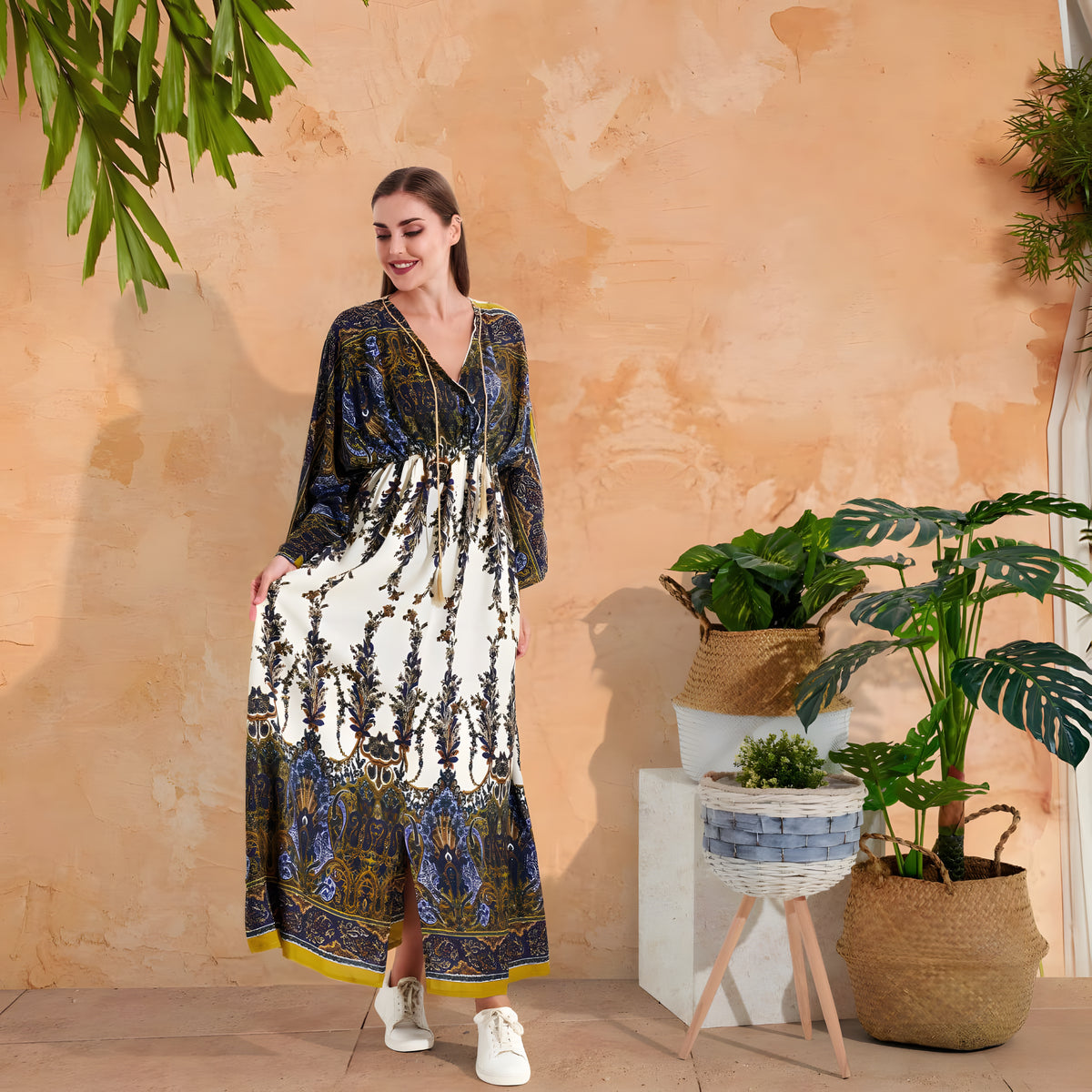 Multicolor Bohemian Egyptian Cotton Dress, Single-Size Medium