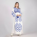Elegant White Tone-on-Tone Embroidered Kaftan Dress, Egyptian Cotton Blend