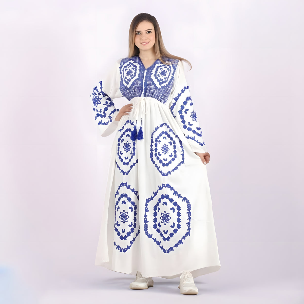 Elegant White Tone-on-Tone Embroidered Kaftan Dress, Egyptian Cotton Blend
