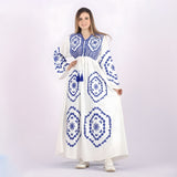 Elegant White Tone-on-Tone Embroidered Kaftan Dress, Egyptian Cotton Blend