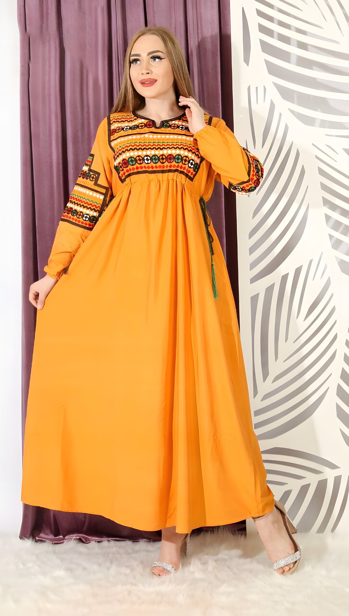 Orange Embroidered Kaftan Maxi Dress, Egyptian Cotton