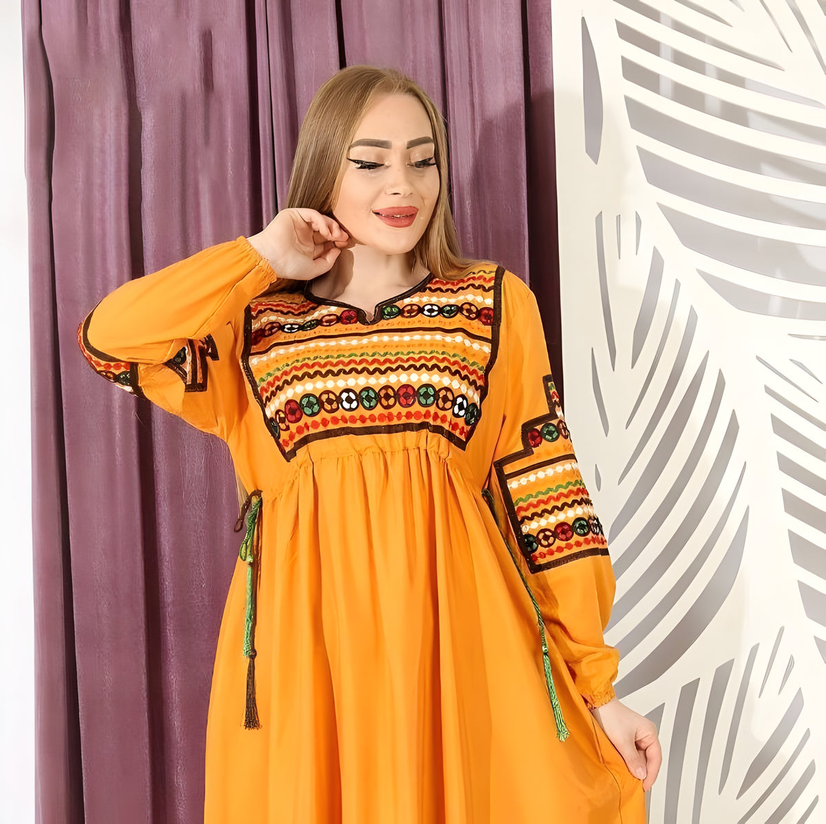 Orange Embroidered Kaftan Maxi Dress, Egyptian Cotton