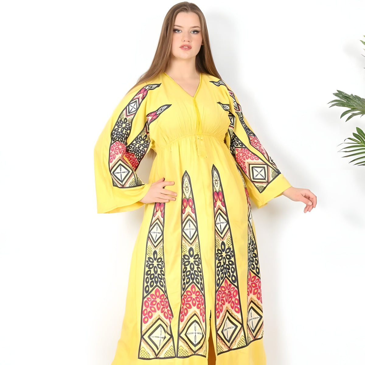 Yellow Embroidered Caftan Dress, Egyptian Cotton