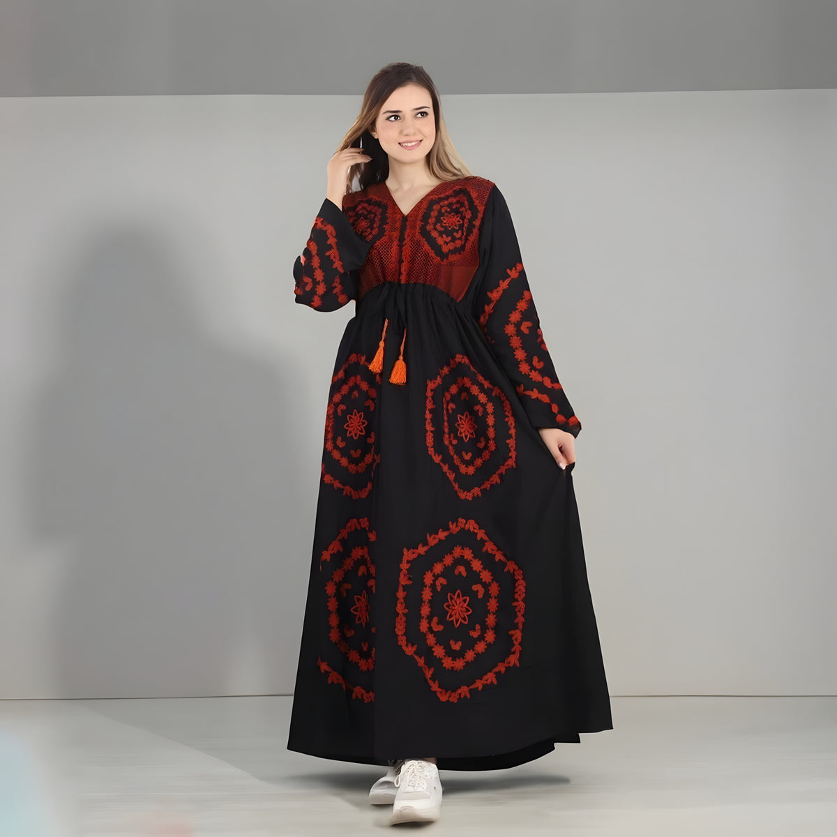 Black Embroidered Caftan Dress, Egyptian Cotton