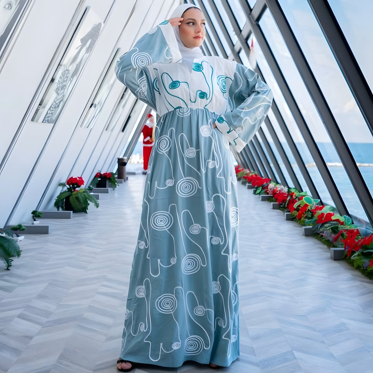Aqua Embroidered Caftan Dress, Egyptian Cotton