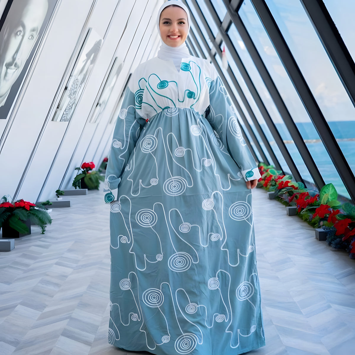 Aqua Embroidered Caftan Dress, Egyptian Cotton