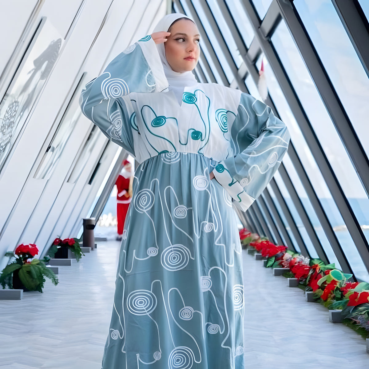 Aqua Embroidered Caftan Dress, Egyptian Cotton