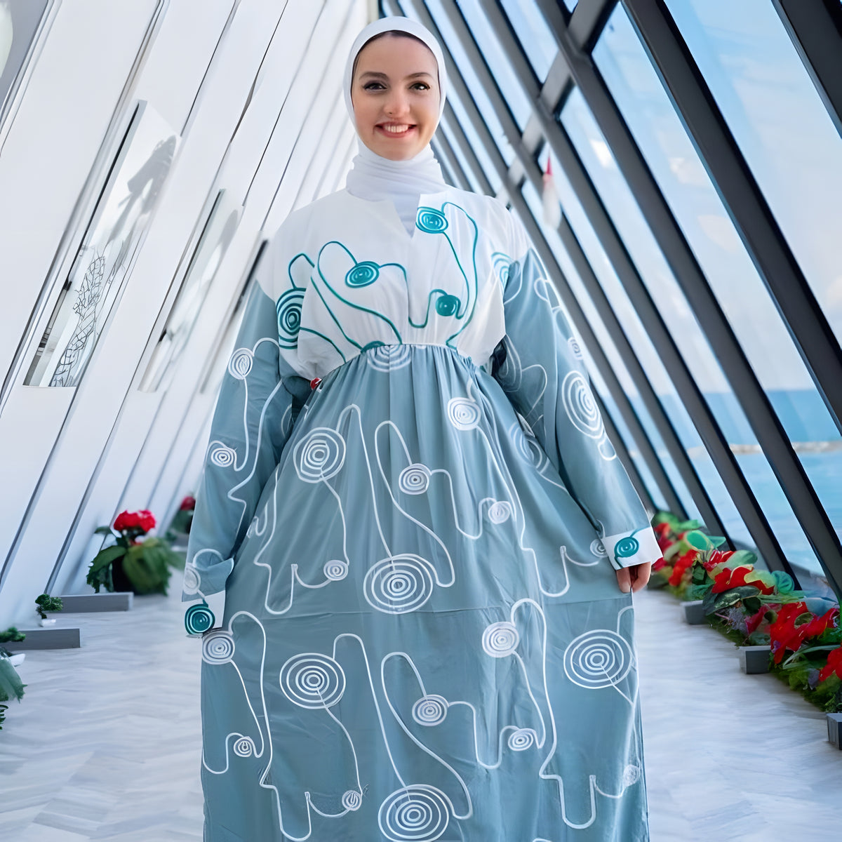 Aqua Embroidered Caftan Dress, Egyptian Cotton
