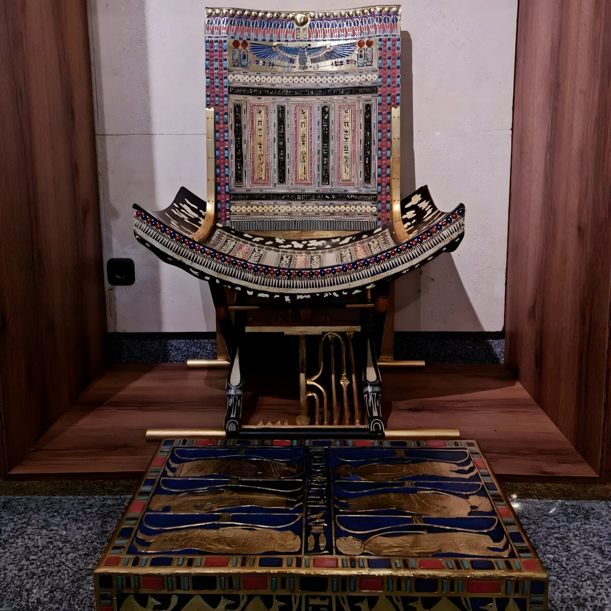 Ceremonial throne of Tutankhamun replica, wood and brass museum reproduction