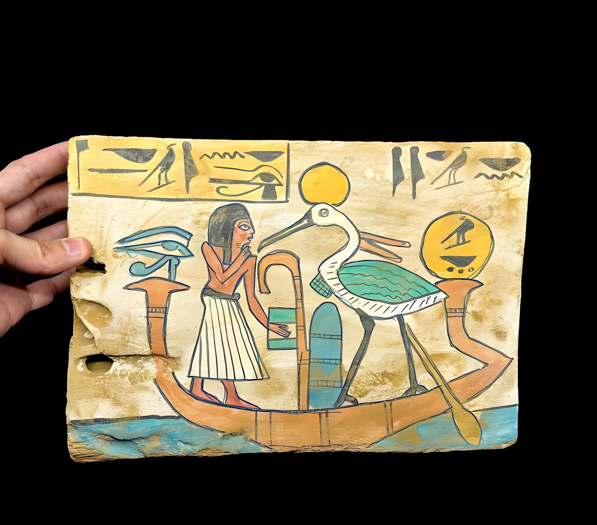 Hand-carved wooden tablet with sun god Ra motif, museum reproduction