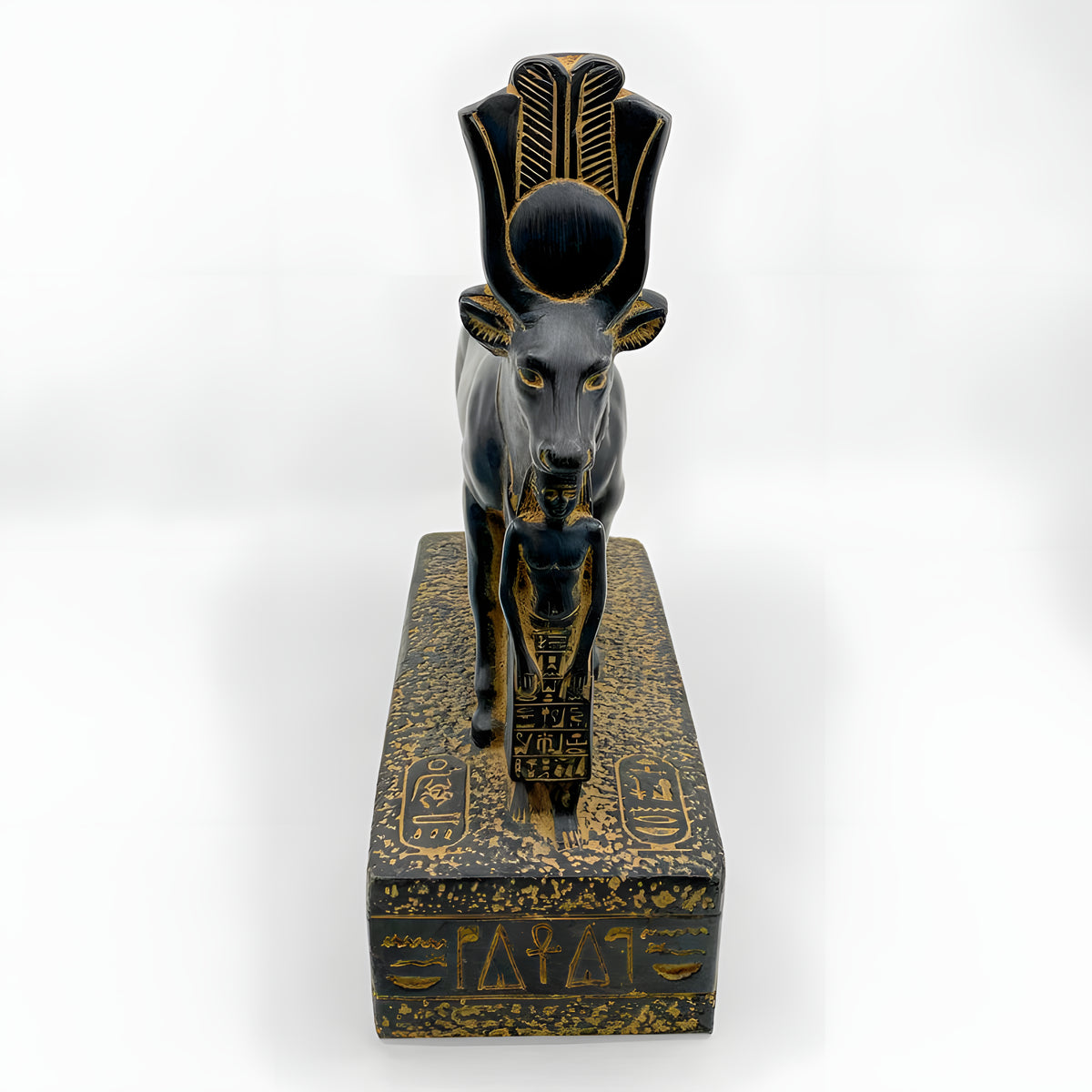 Front view of Hathor cow goddess museum reproduction