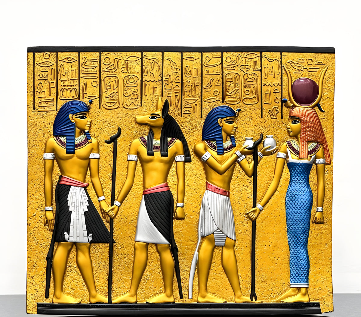 Anubis and Goddess Hathor Egyptian museum reproduction stone wall relief, front view