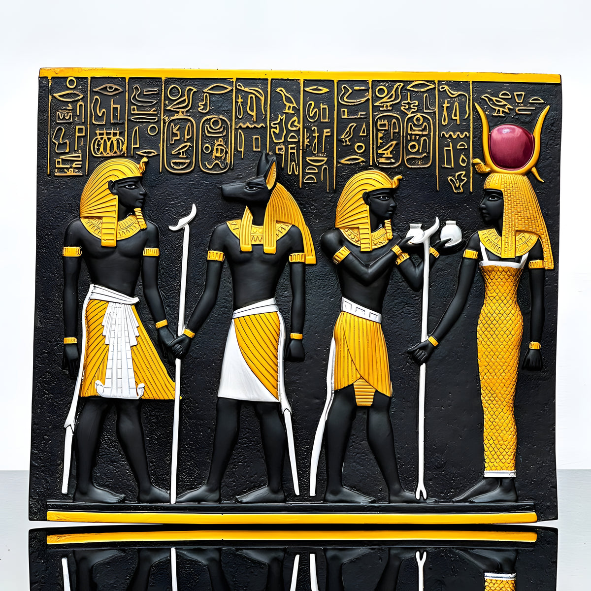 Close-up detail of the Goddess Hathor carving on the Egyptian museum reproduction wall relief