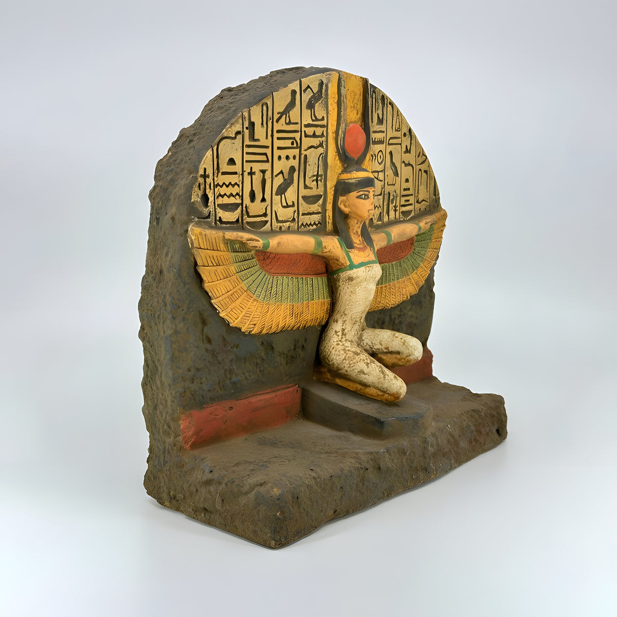 Close-up of Isis statue crown and headdress detail