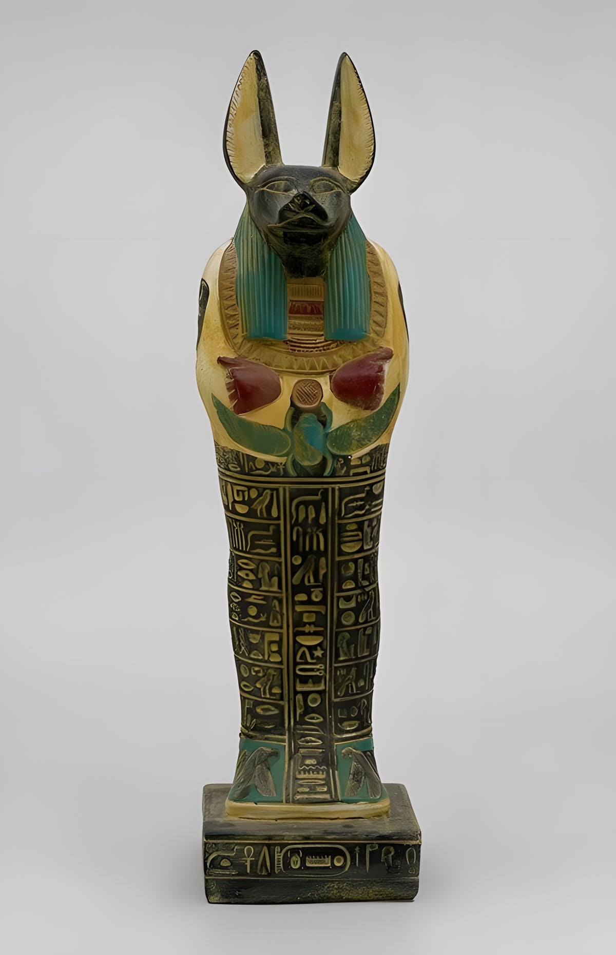 Close-up of jackal head detail on Anubis statue
