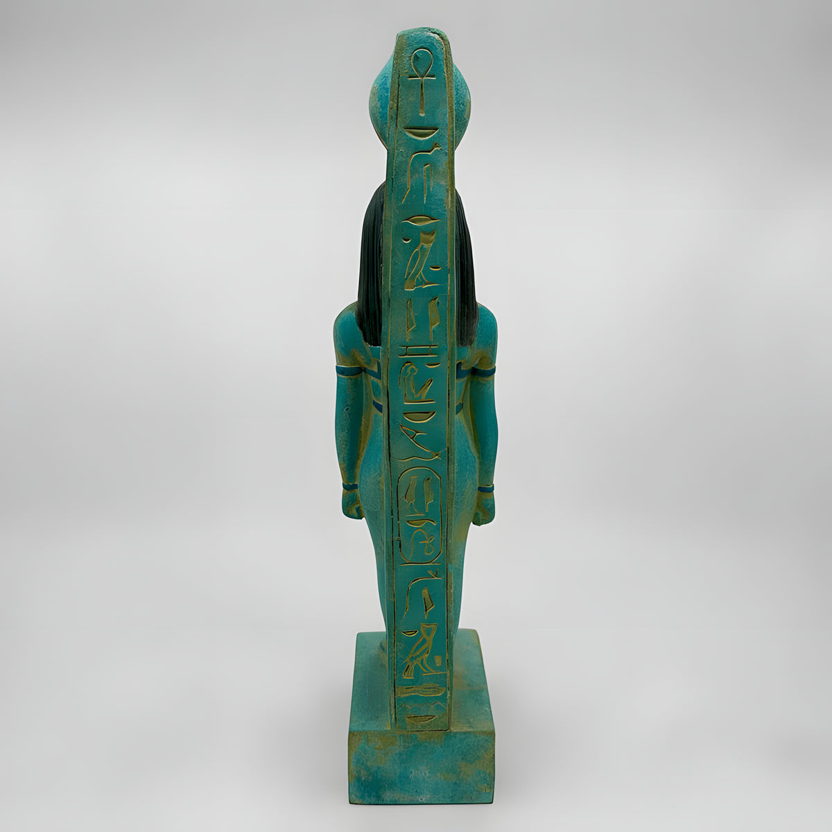 Close-up of Hathor statue crown and sun disc detail