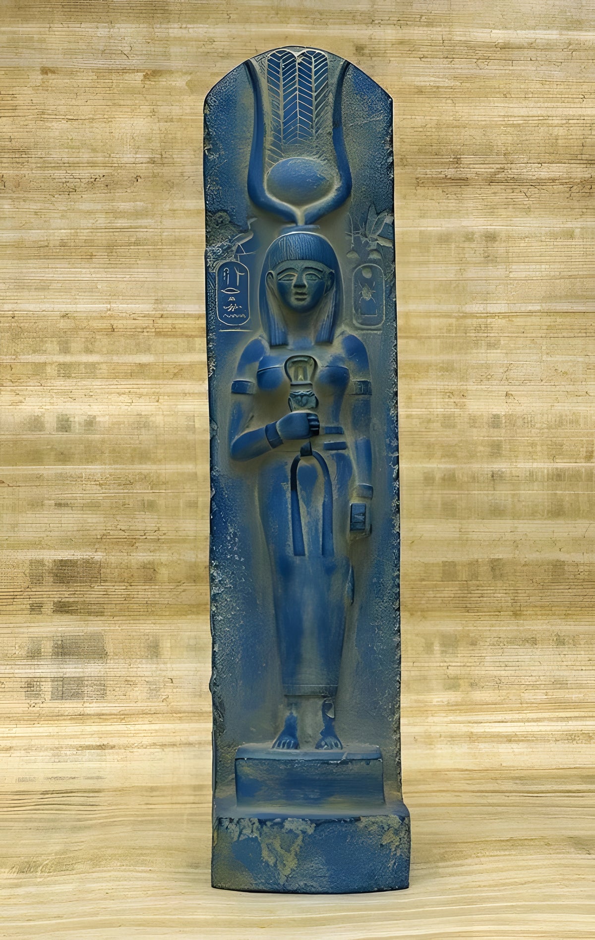 Close-up of Hathor statue detail on grey stone
