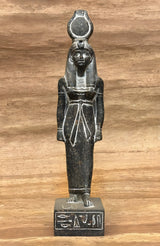 Close-up of Hathor statue crown detail on granite