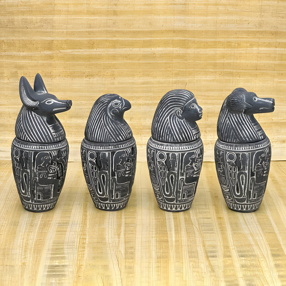 Close-up of hieroglyphic carving on canopic jars