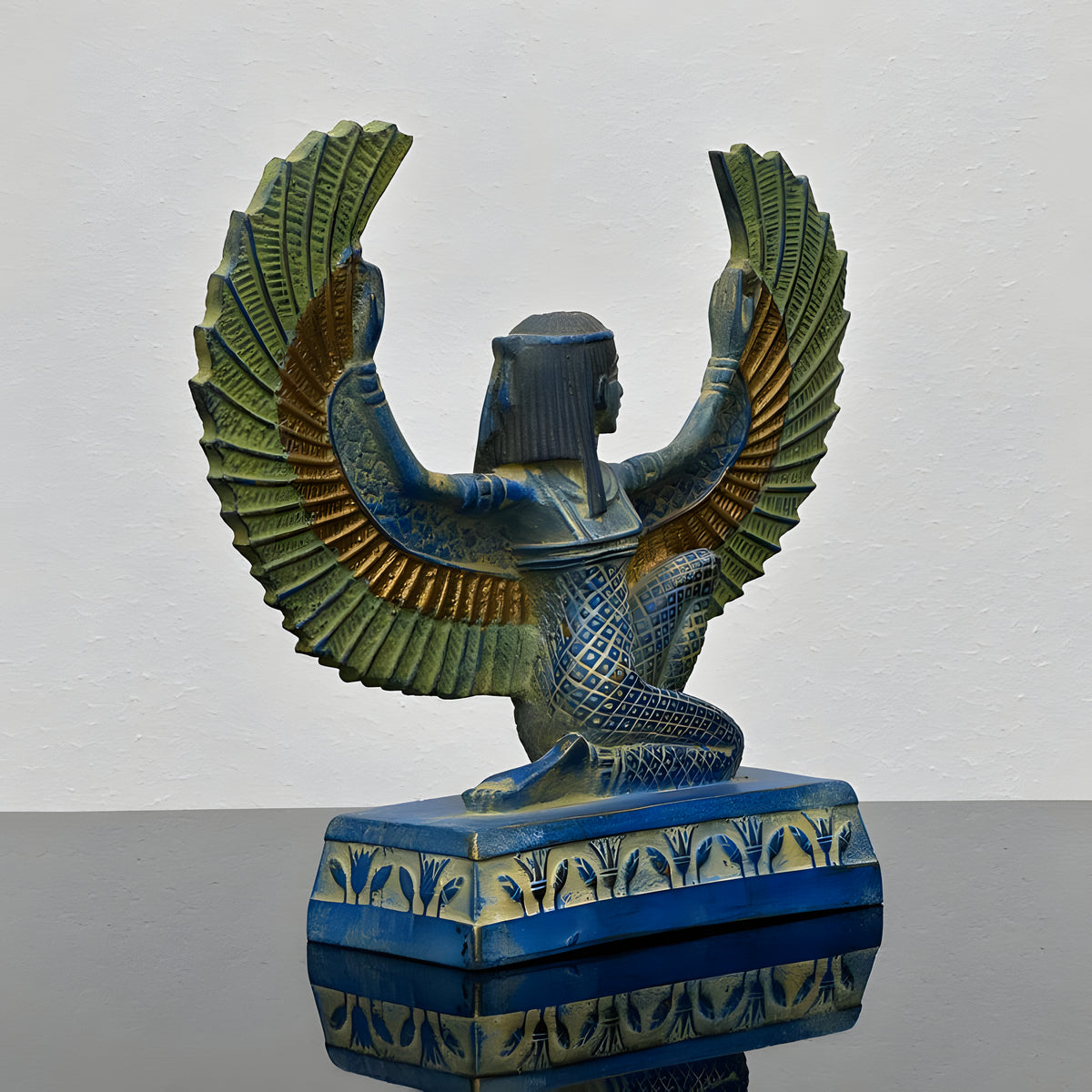Isis statue replica, blue winged hand-carved museum reproduction