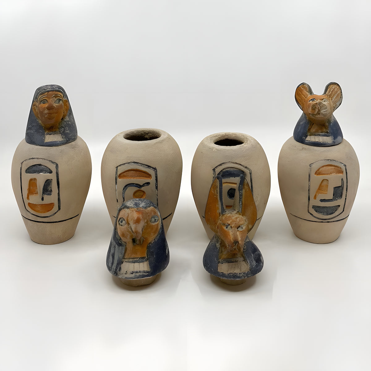 Canopic jars set replica, limestone museum reproduction