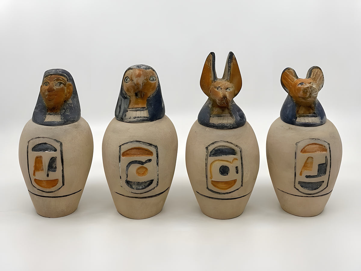 Close-up of painted detail on canopic jars