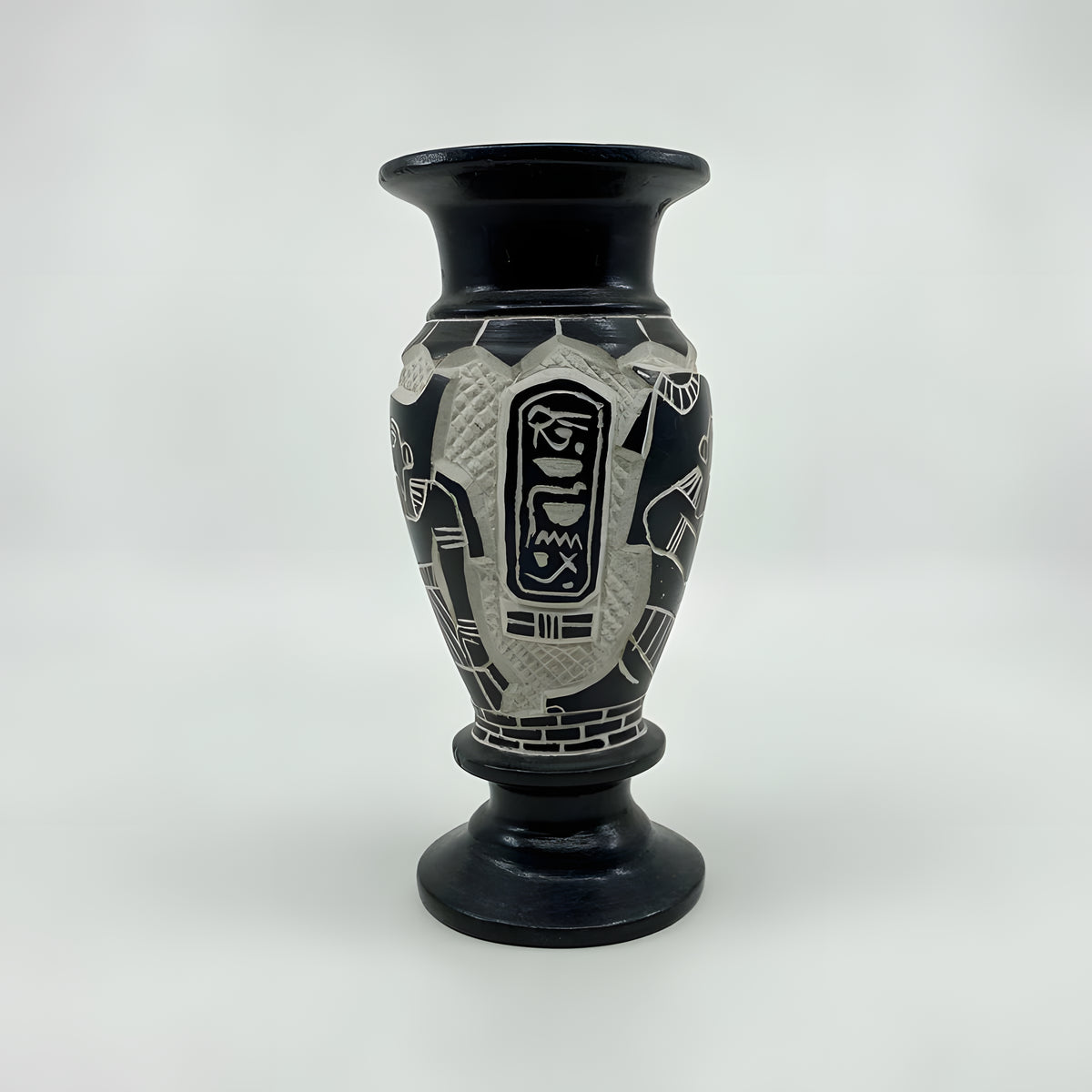 Basalt vase replica, goddess Isis with spread wings museum reproduction
