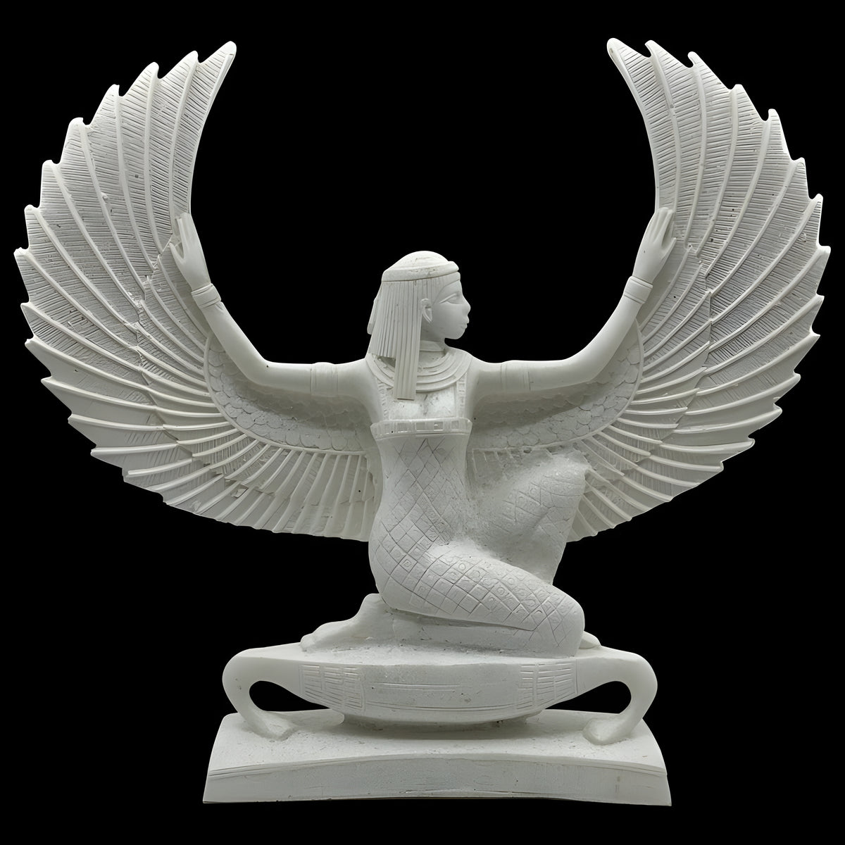 Isis statue replica, white alabaster winged goddess museum reproduction
