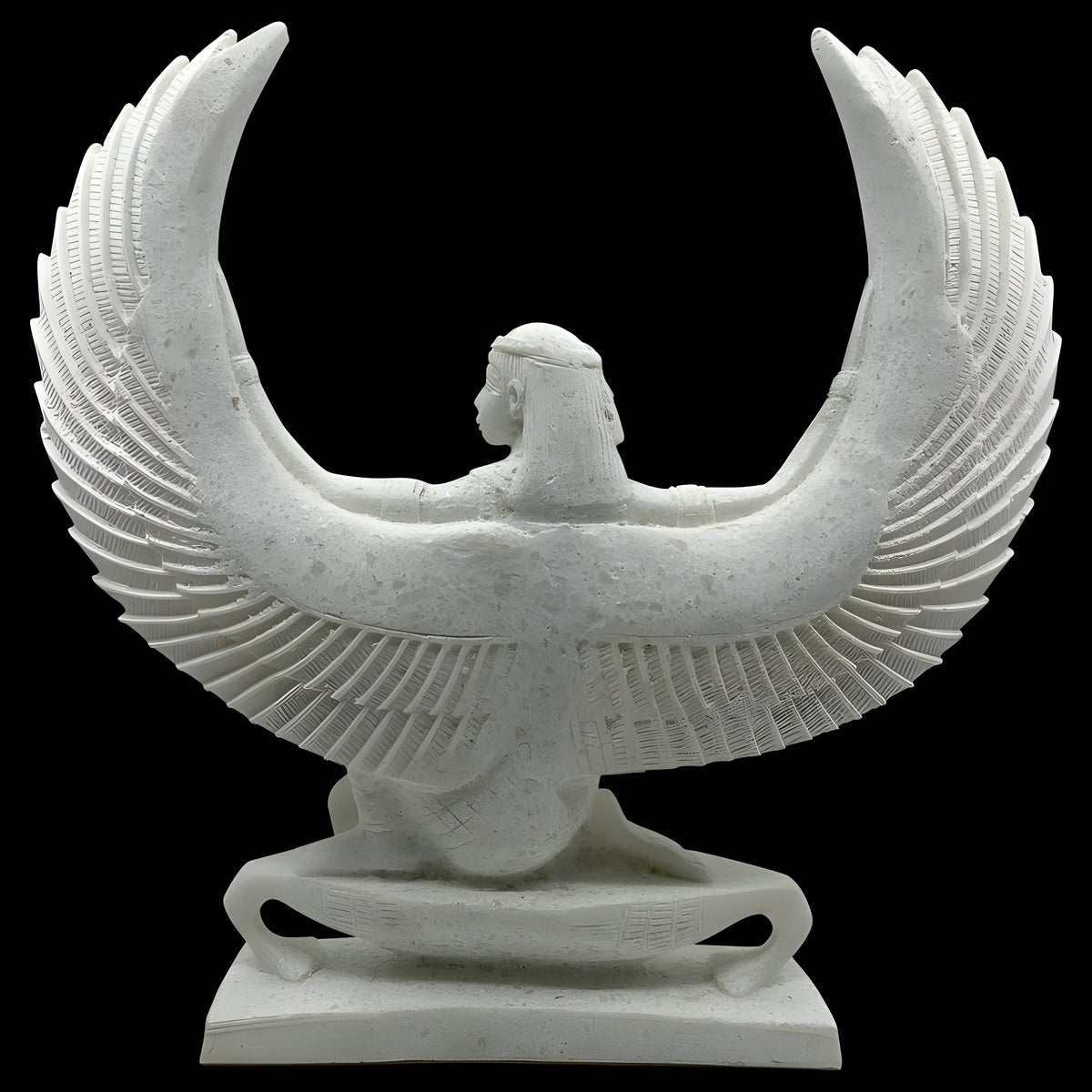 Close-up of wing detail on white alabaster Isis statue