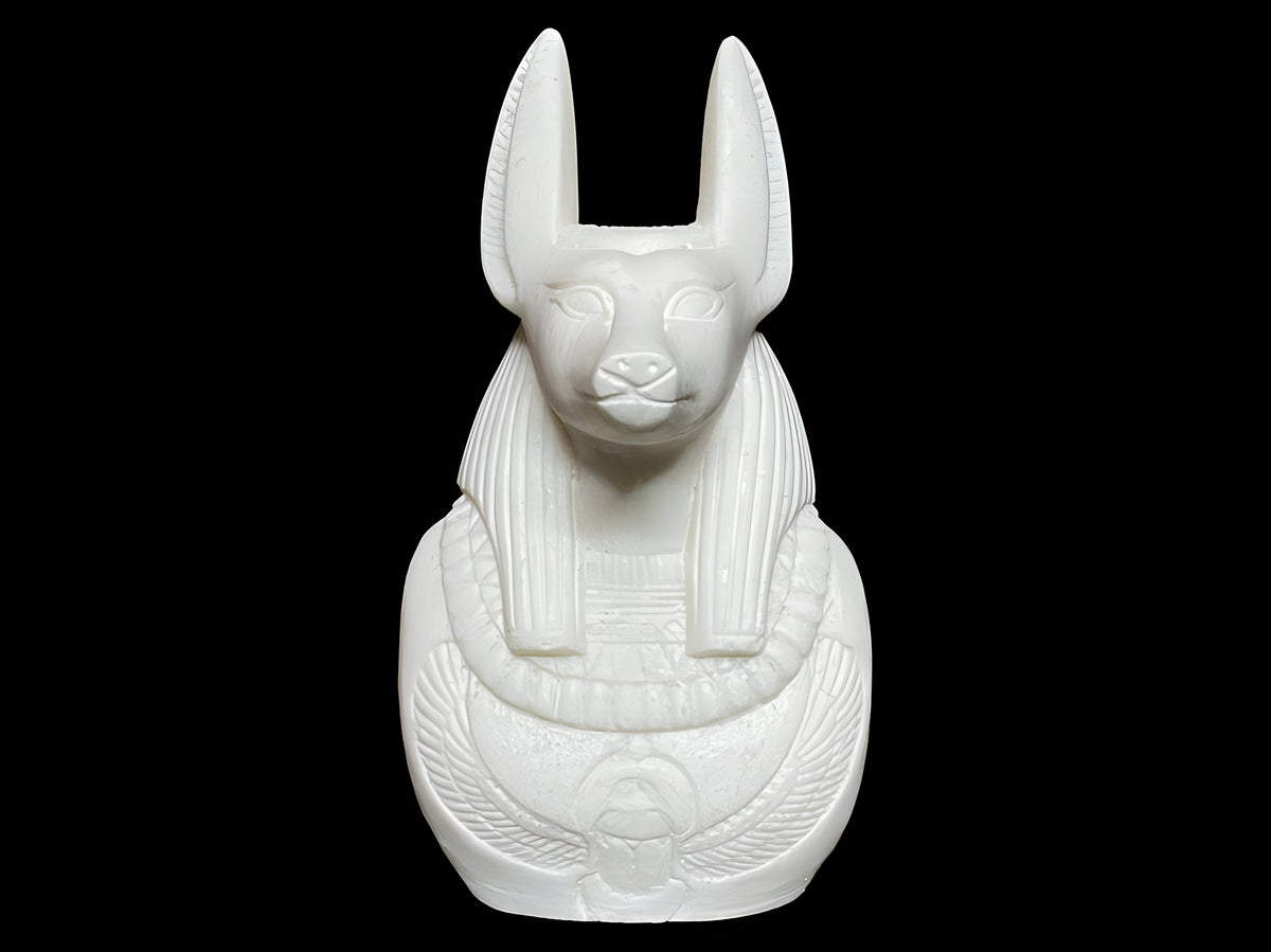 Close-up of jackal head detail on Anubis alabaster bust