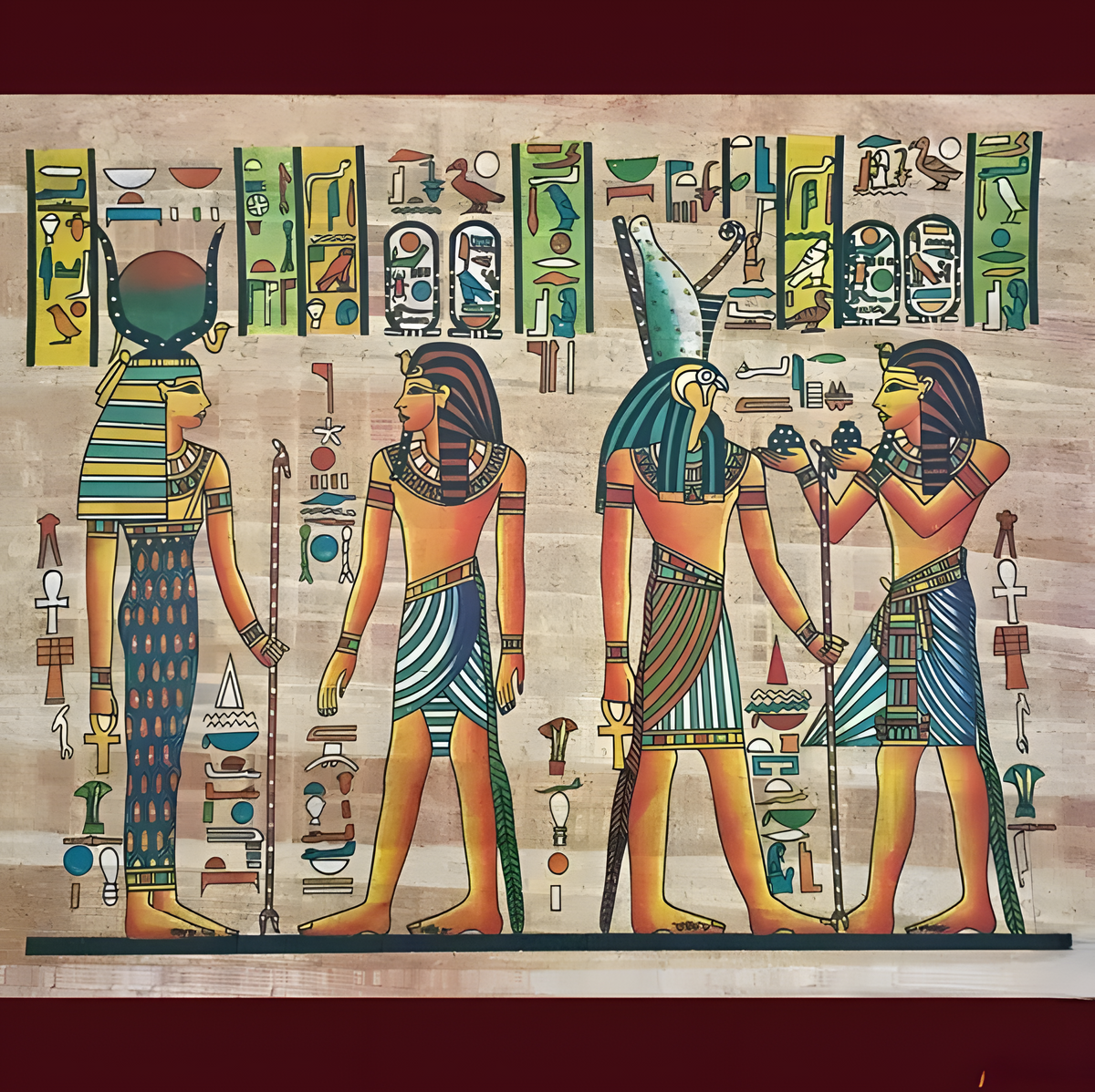Egyptian museum reproduction papyrus painting depicting gods and goddesses, front view