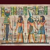 Egyptian museum reproduction papyrus painting depicting gods and goddesses, front view