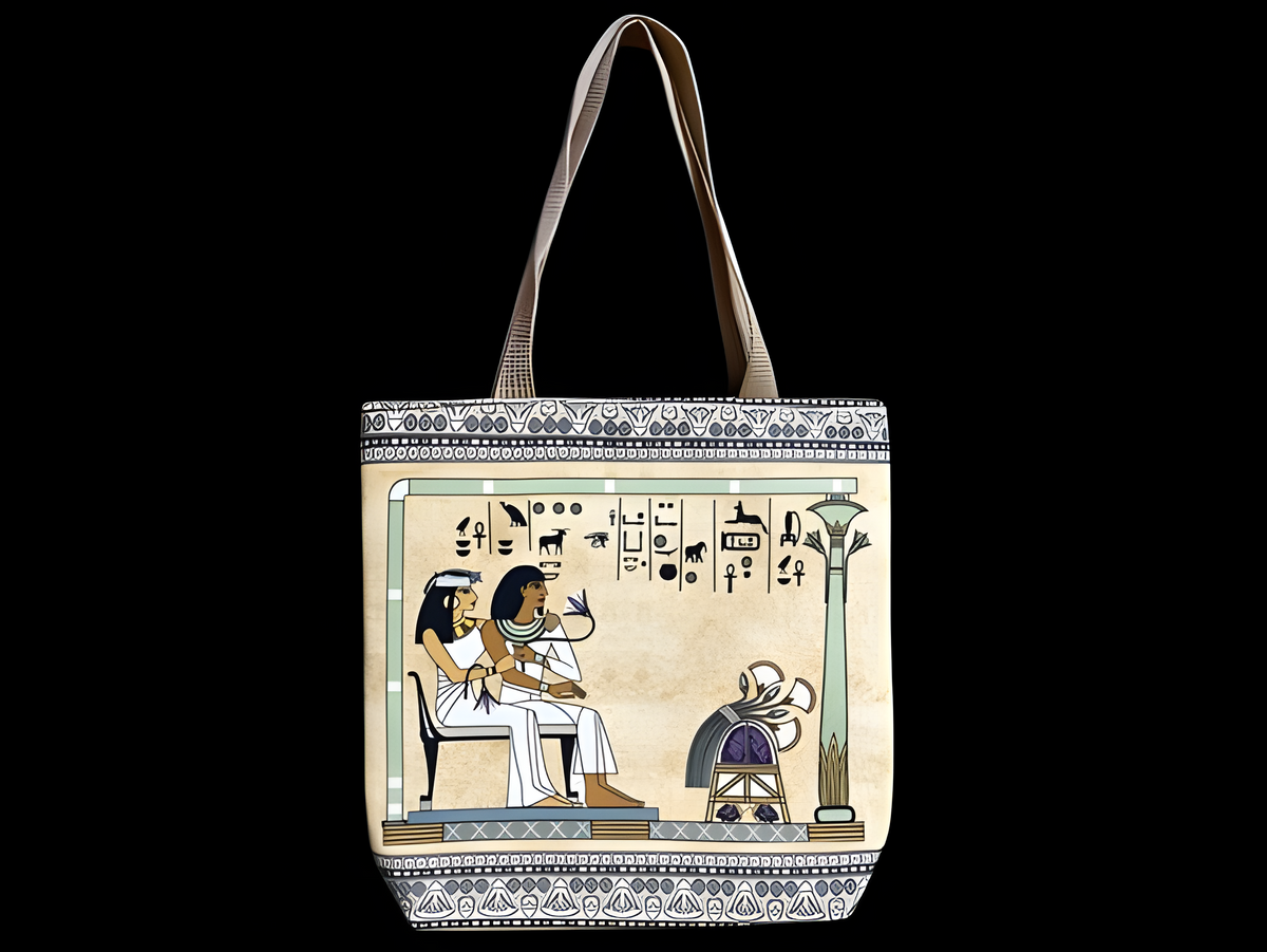 Egyptian leather tote bag, temple scene design handmade