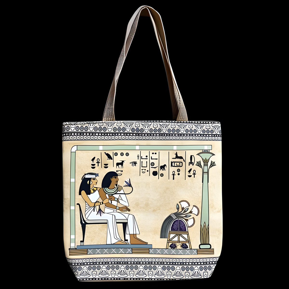 Close-up of temple scene artwork on leather tote bag