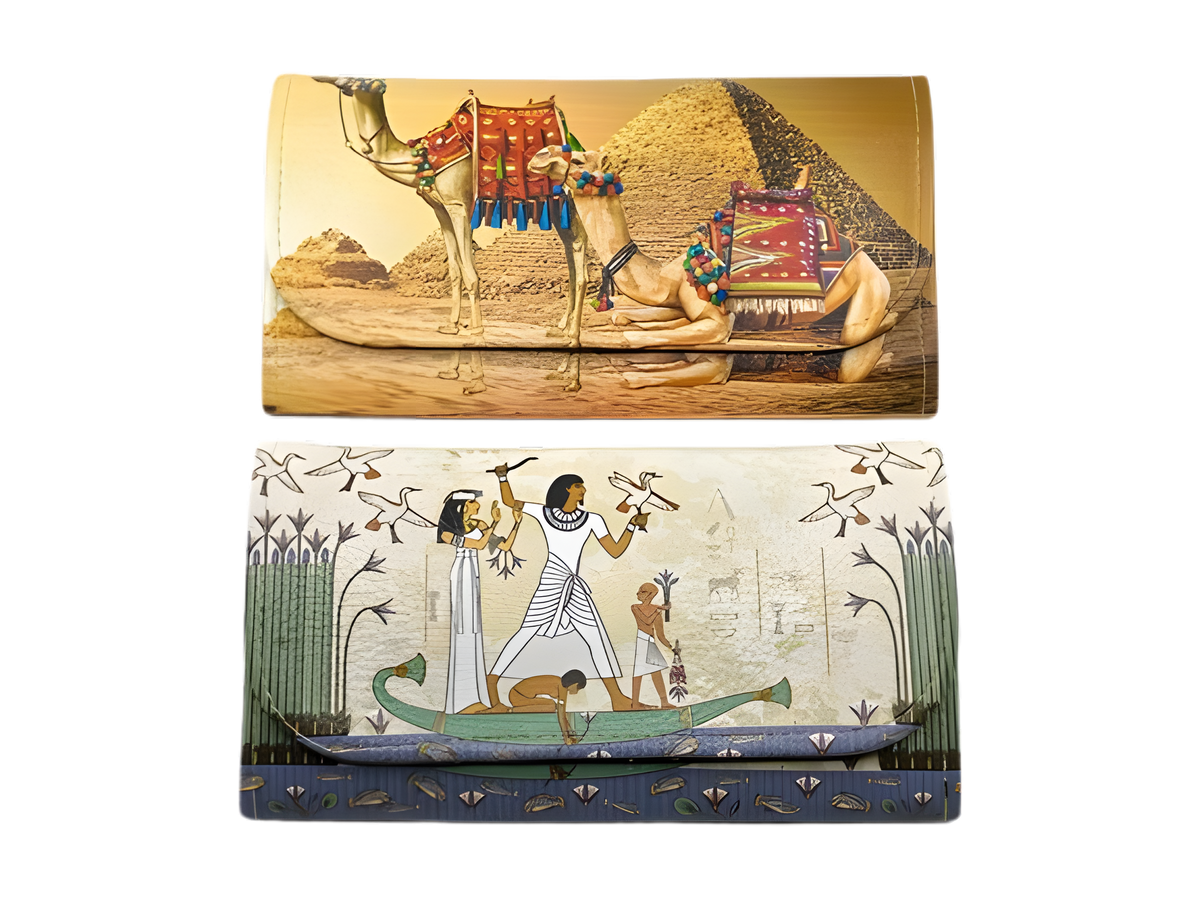 Egyptian leather wallet set, Isis and Sphinx design handmade
