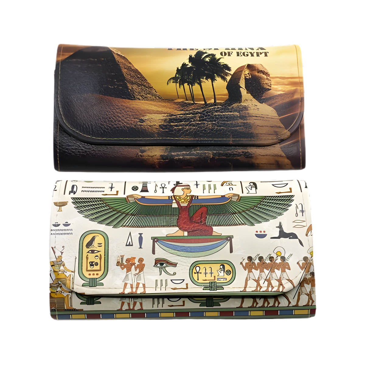 Egyptian leather wallet set, Isis and Sphinx design handmade