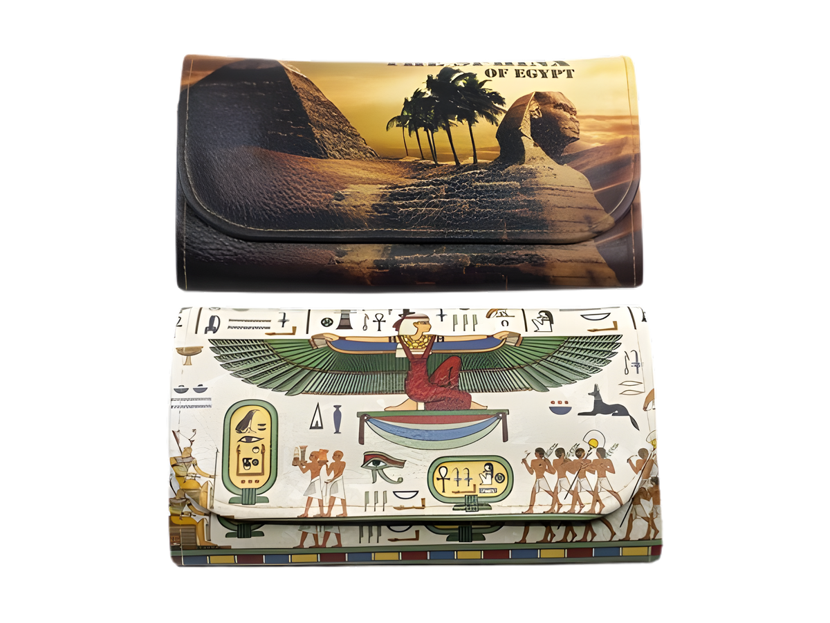 Close-up of Isis and Sphinx artwork on wallet