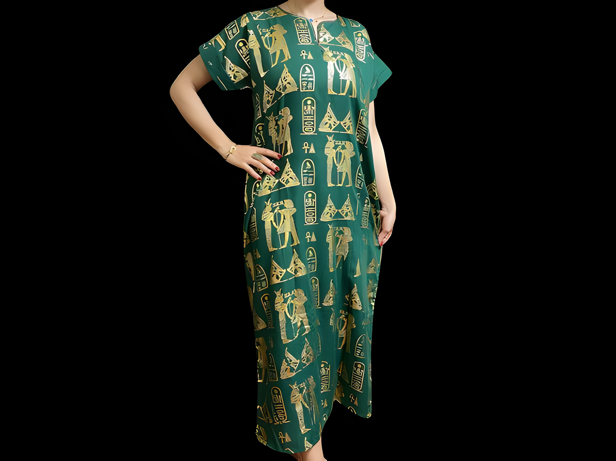 Emerald green Egyptian-style kaftan maxi dress with hieroglyphic and Pharaonic-inspired print