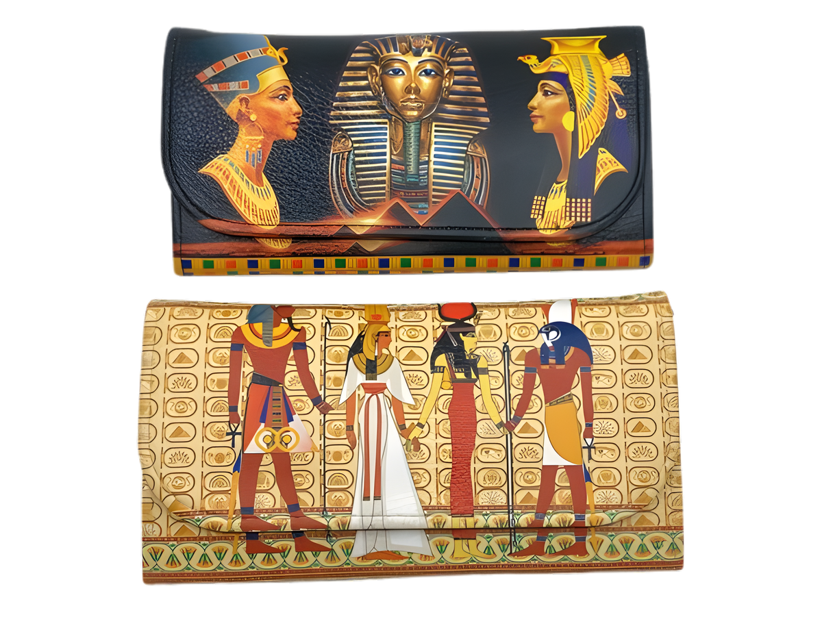 Two Egyptian-themed Pharaonic wallets featuring designs of Nefertiti, Tutankhamun, Nefertari, Isis and Horus, synthetic leather