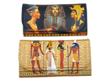 Two Egyptian-themed Pharaonic wallets featuring designs of Nefertiti, Tutankhamun, Nefertari, Isis and Horus, synthetic leather