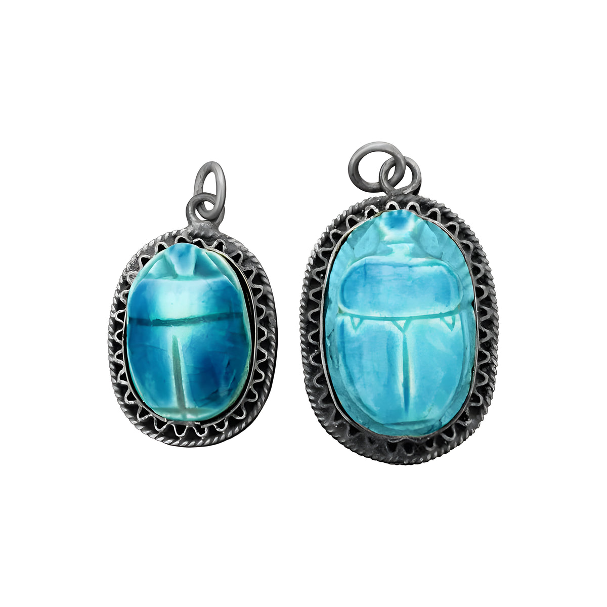 Handmade sterling silver Egyptian scarab pendant with blue faience inlay